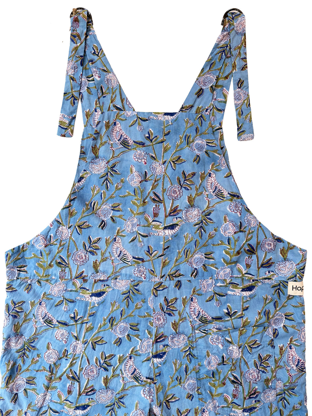 Birdsong Indigo cotton overalls fabric print detail