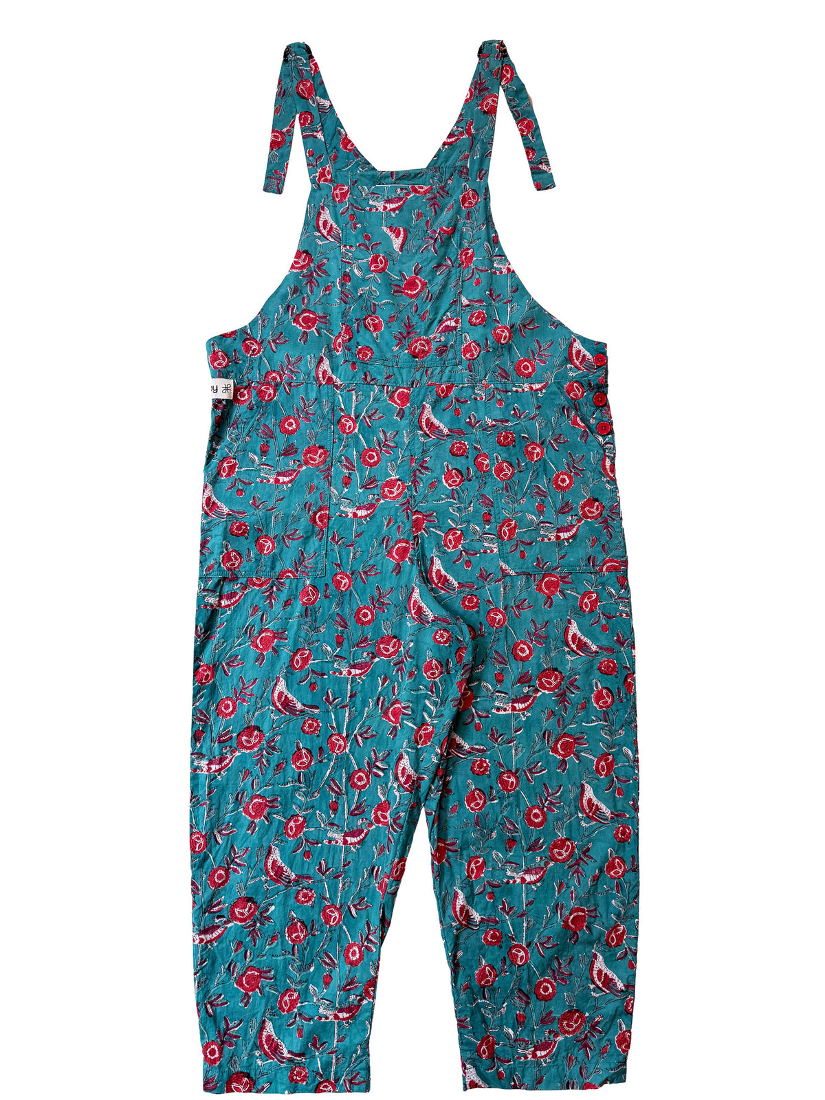 Birdsong Teal cotton overalls back view