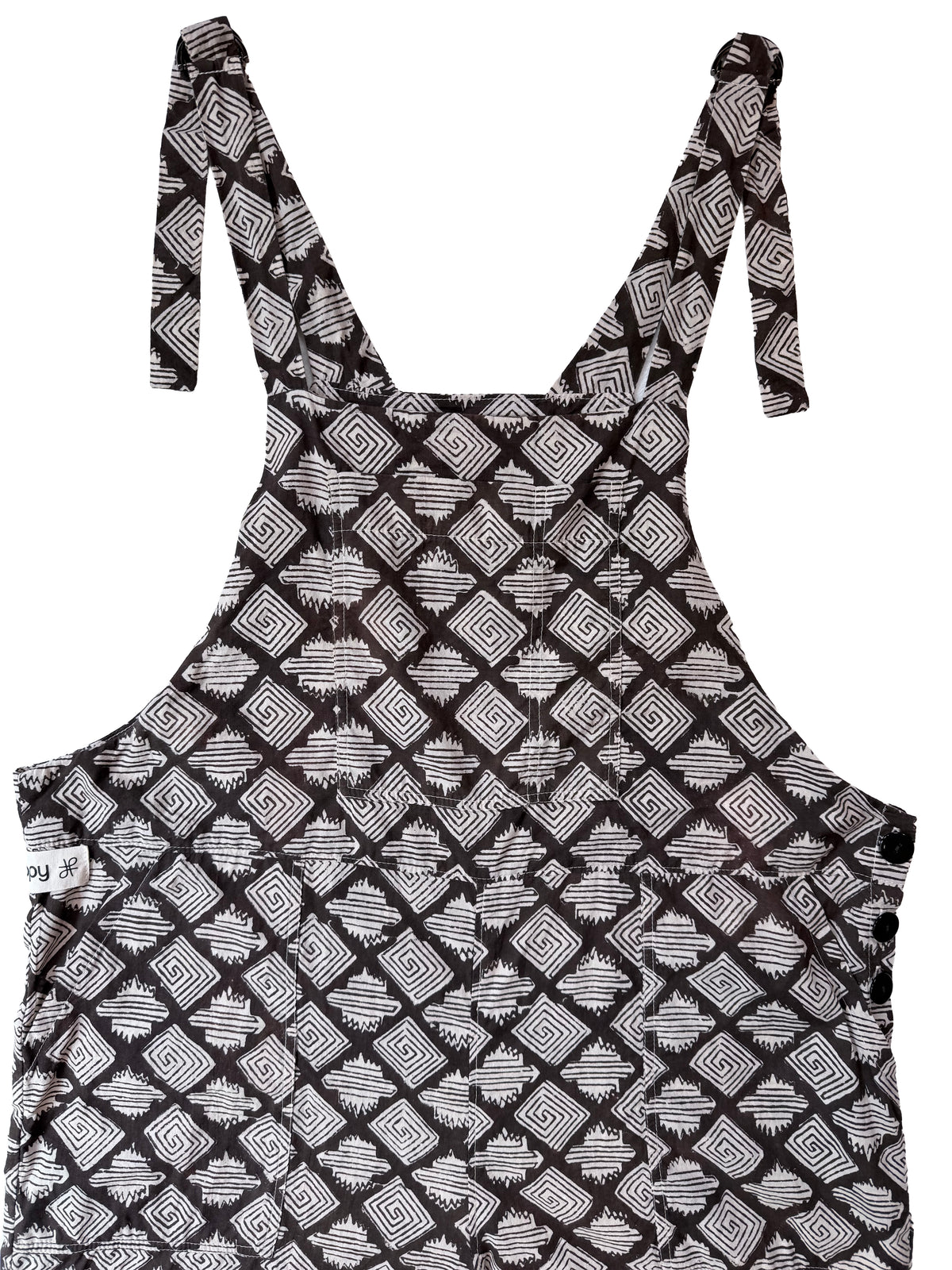Bagru Black Aztec cotton overalls front view closeup