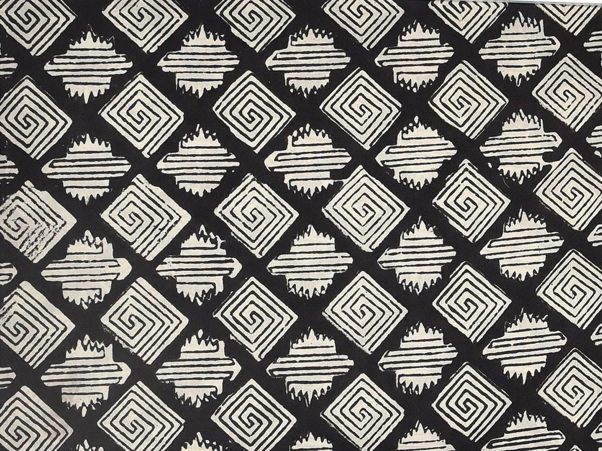 Bagru Black Aztec cotton overalls fabric closeup