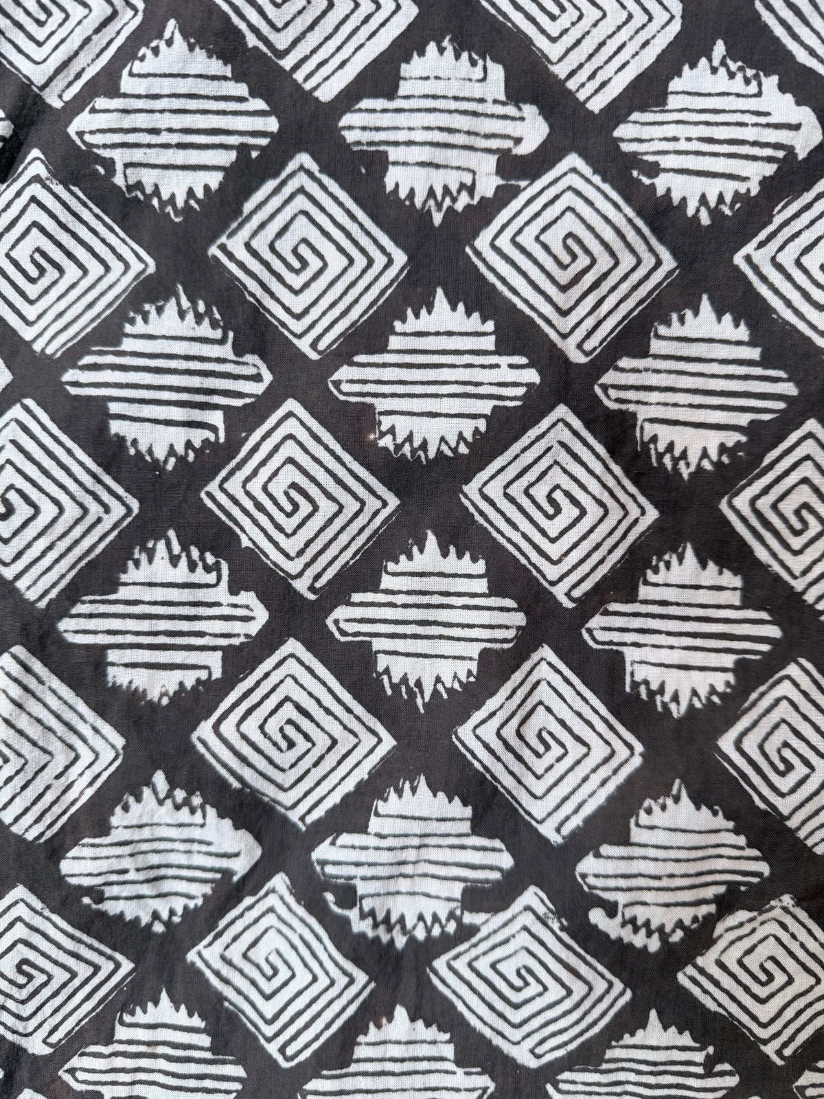 Bagru Black Aztec cotton overalls fabric closeup