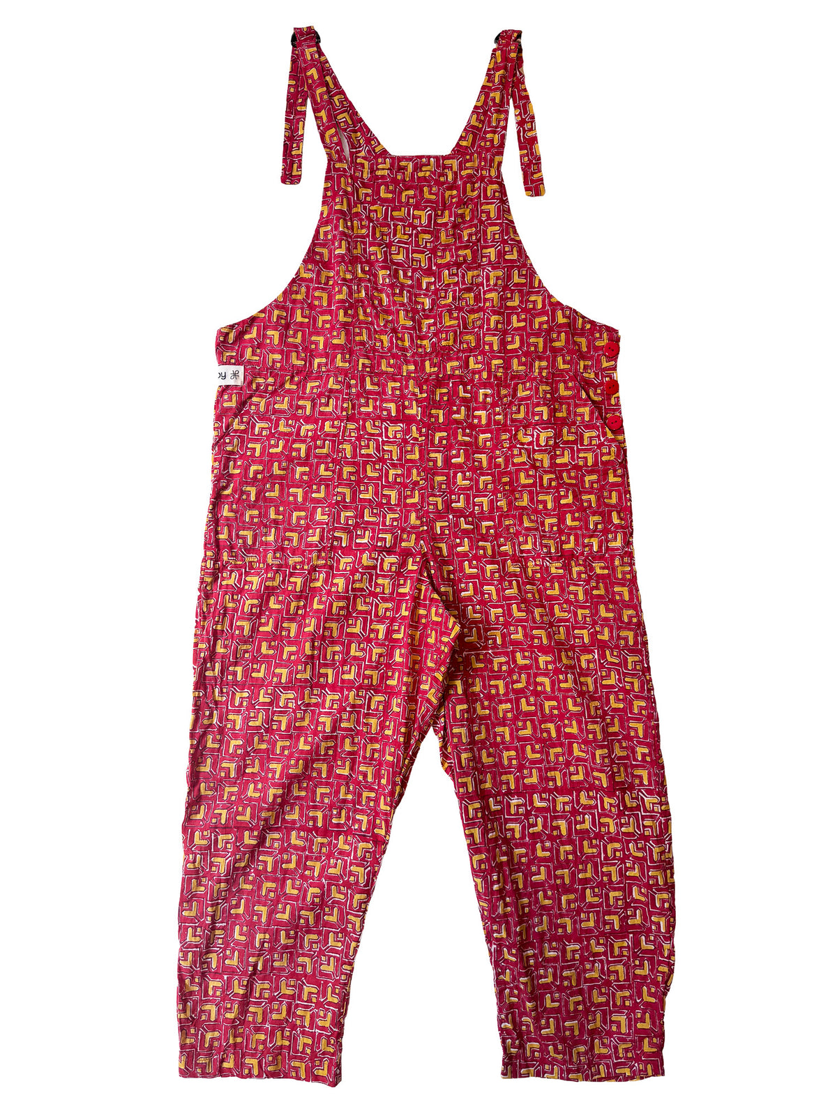 Red Temple Tile cotton overalls fabric print detail