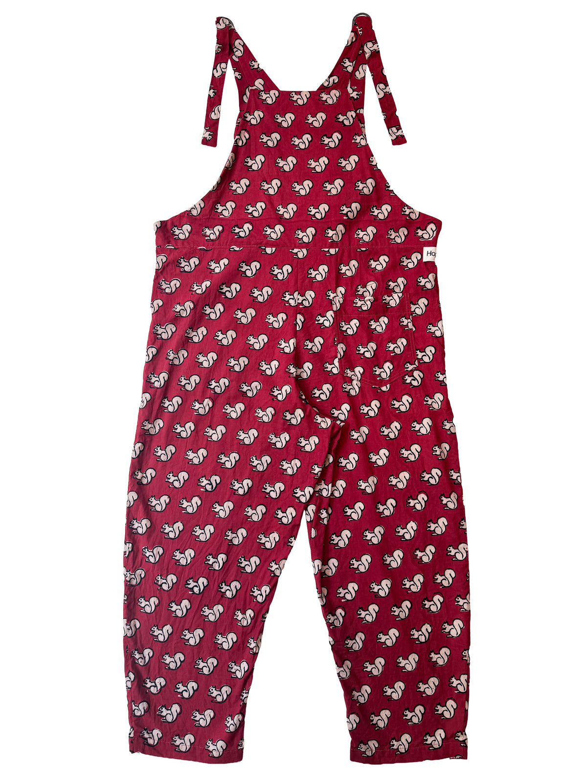 Red Squirrel cotton overalls pocket and strap detail