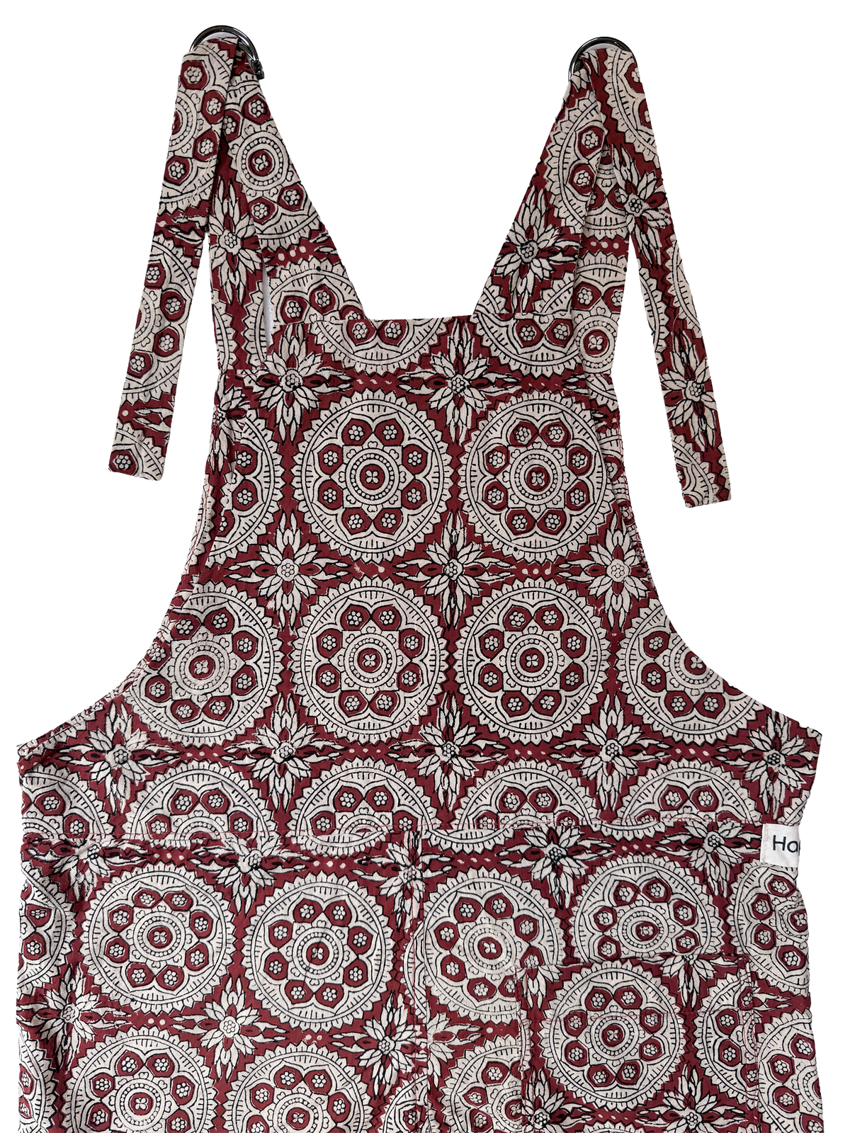 The Relaxed Overalls, Red Mandala, back view closeup