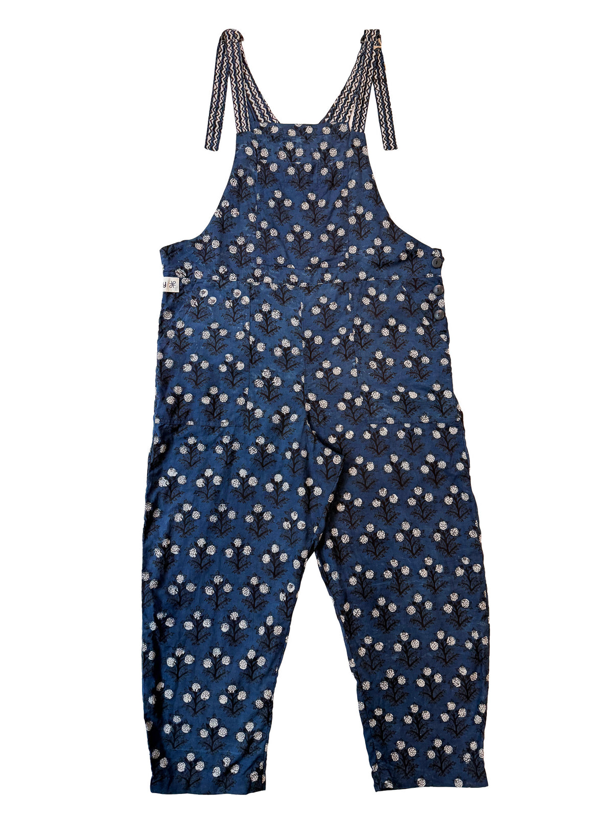 Three Indigo Flowers cotton overalls back view