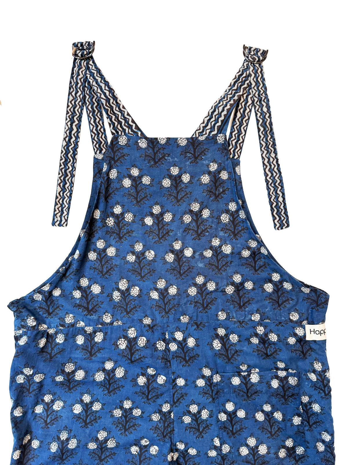 Three Indigo Flowers cotton overalls fabric print detail