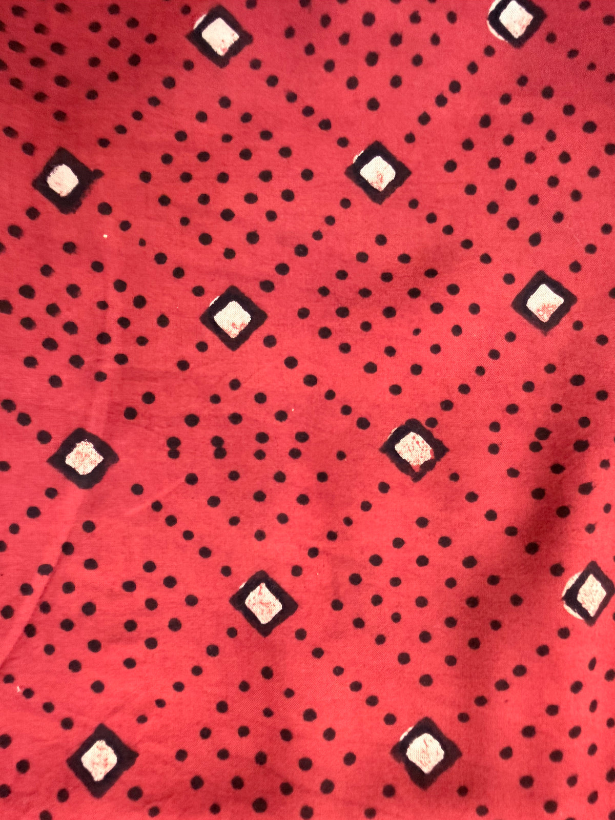 The Relaxed Overall, Tiny Diamonds on Red, fabric closeup