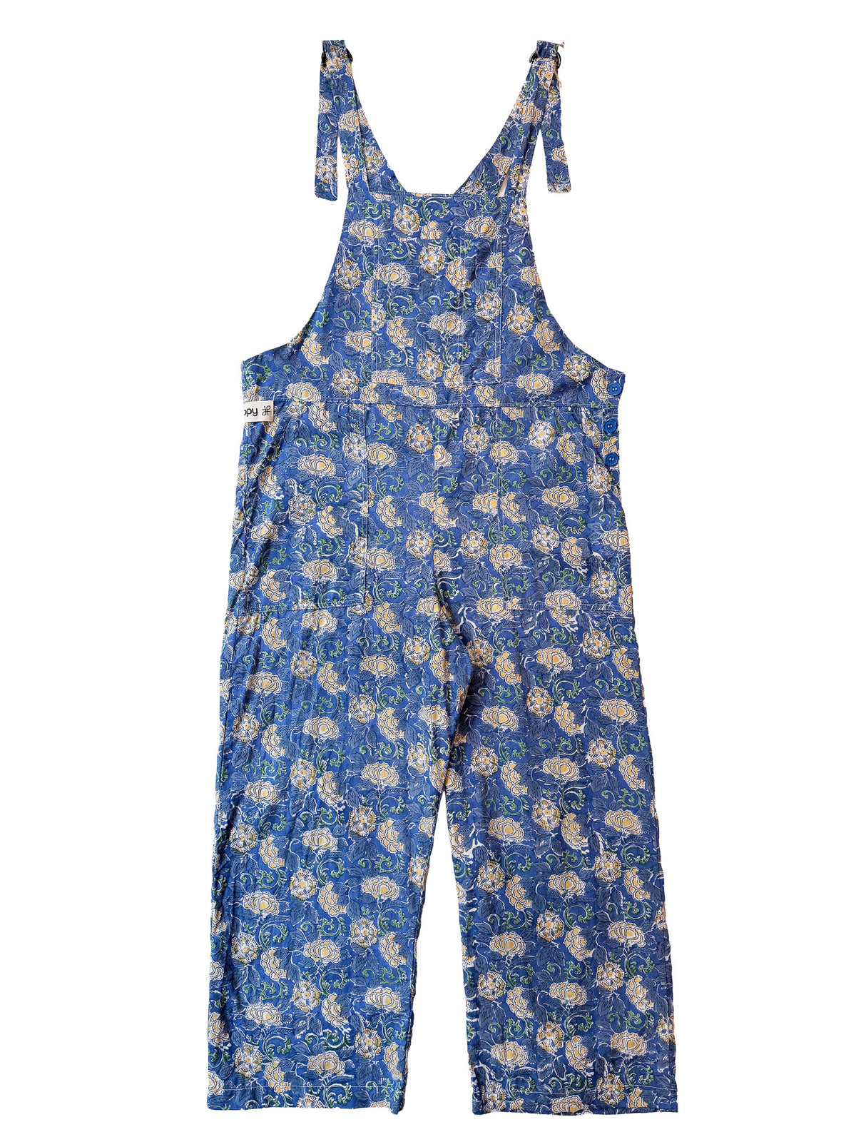 Marigold on Blue cotton overalls back view