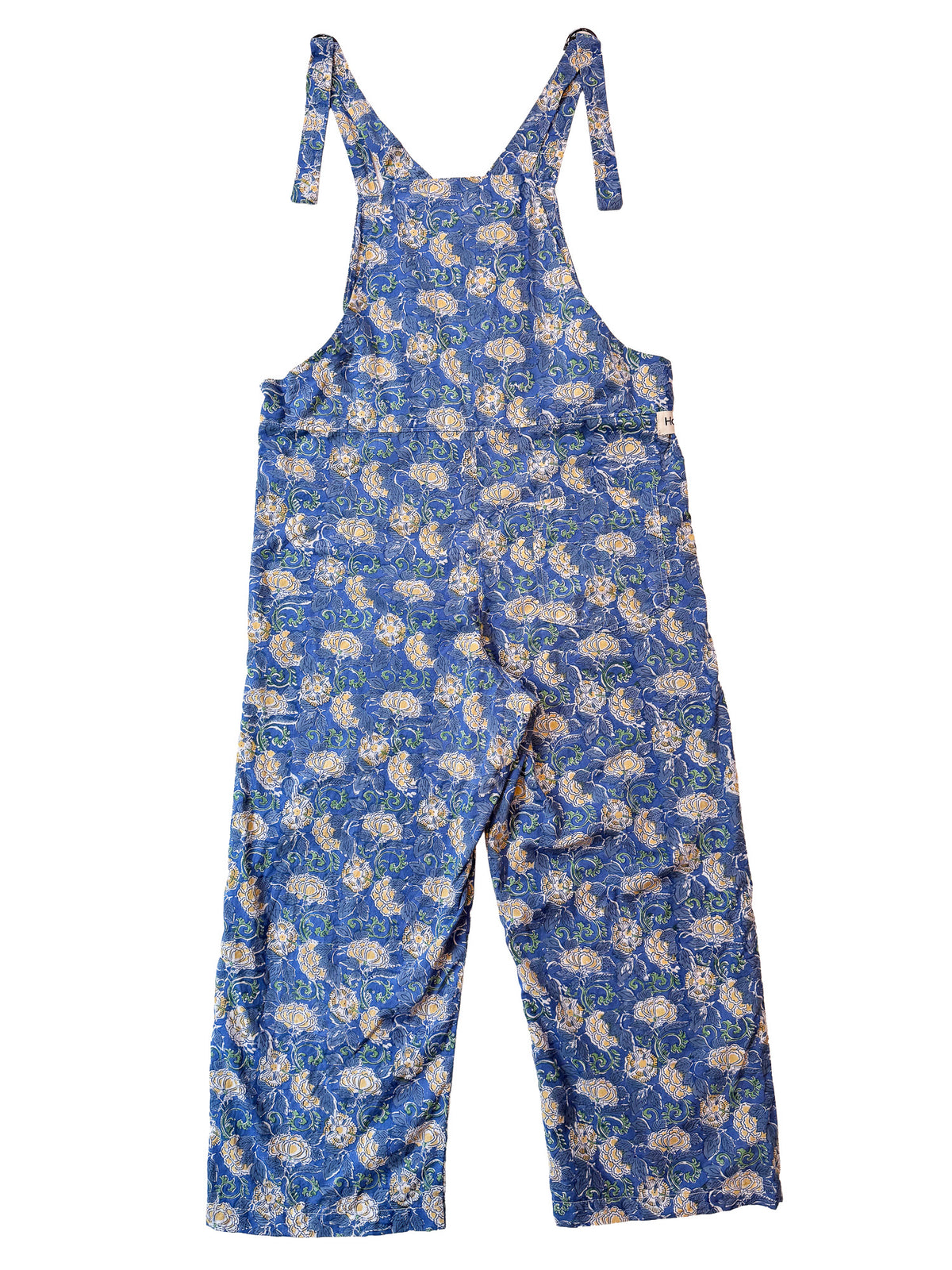 Marigold on Blue cotton overalls fabric print detail