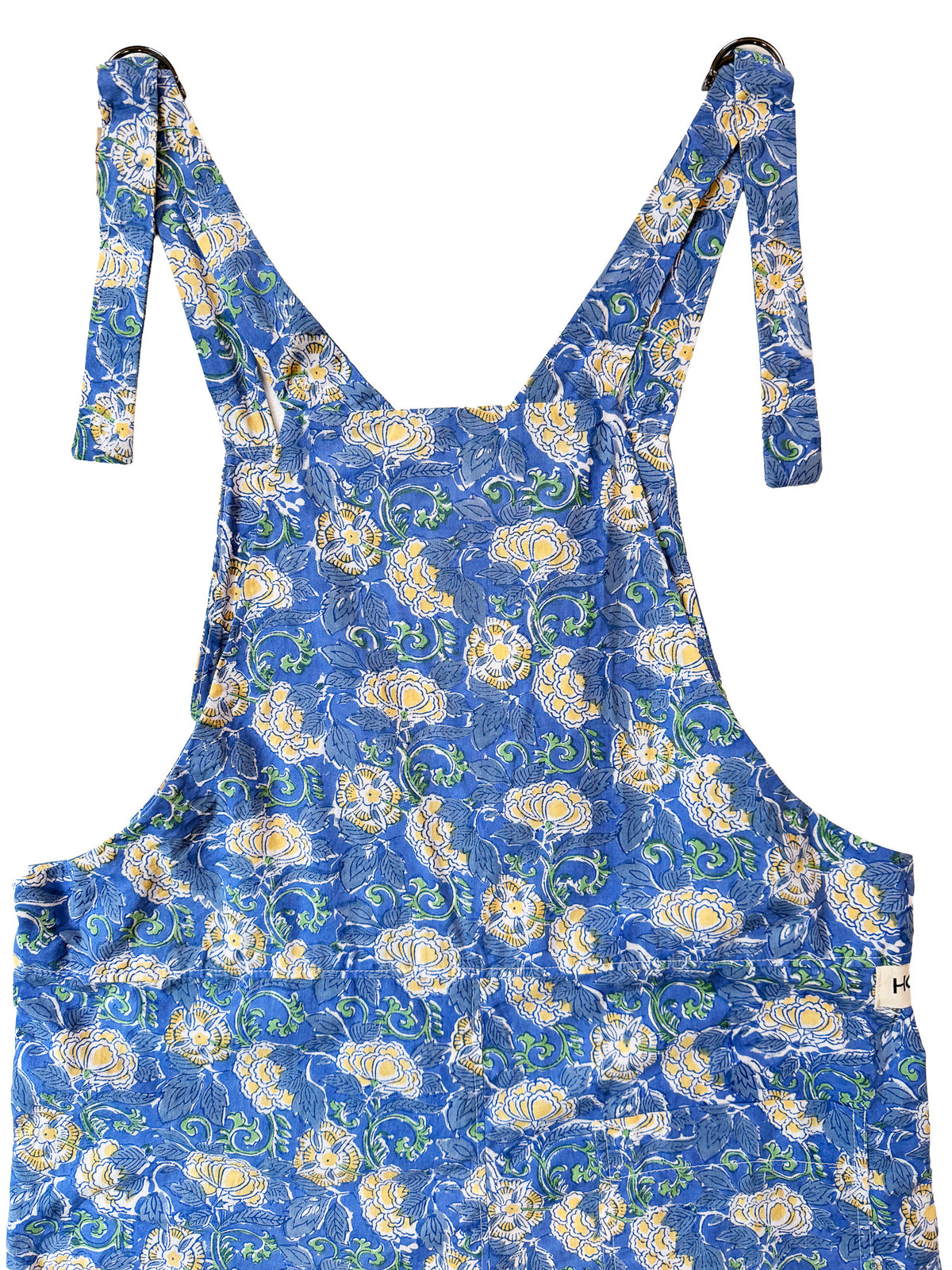 Marigold on Blue cotton overalls pocket and strap detail