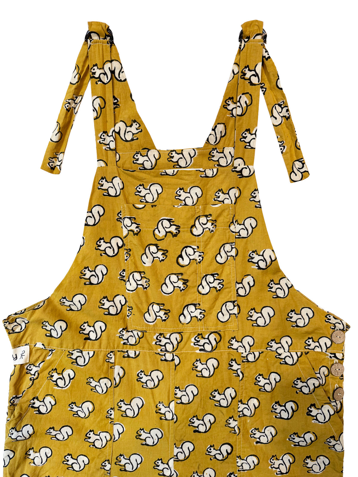 Yellow Squirrel cotton overalls front view