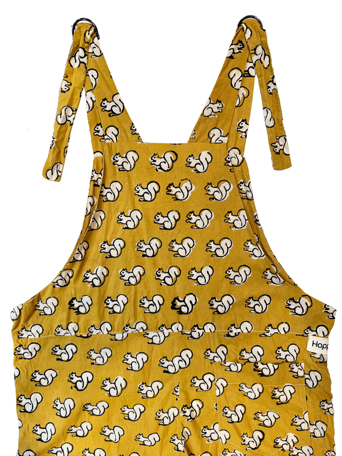 Yellow Squirrel cotton overalls pocket and strap detail
