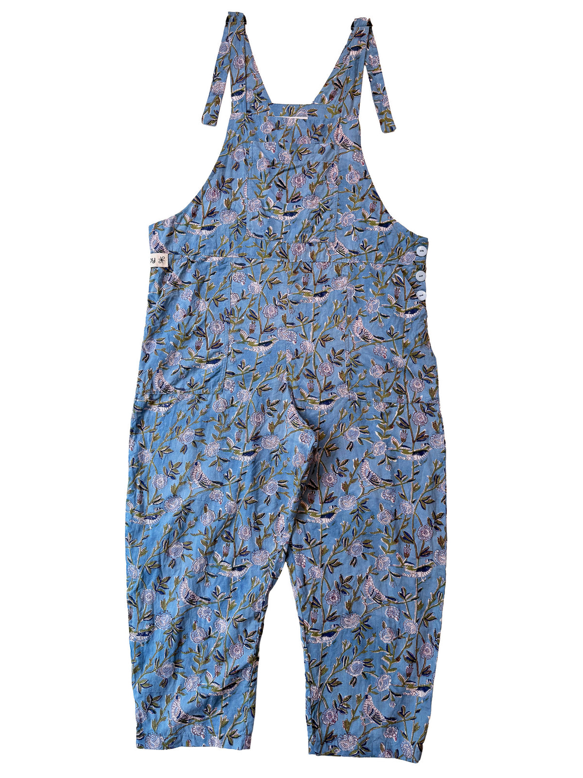 Birdsong Indigo cotton overalls back view