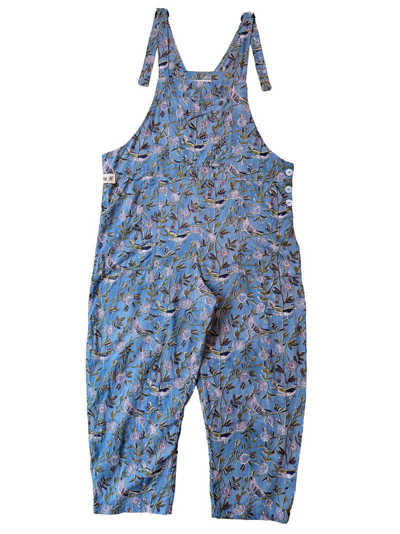 Birdsong Indigo cotton overalls back view