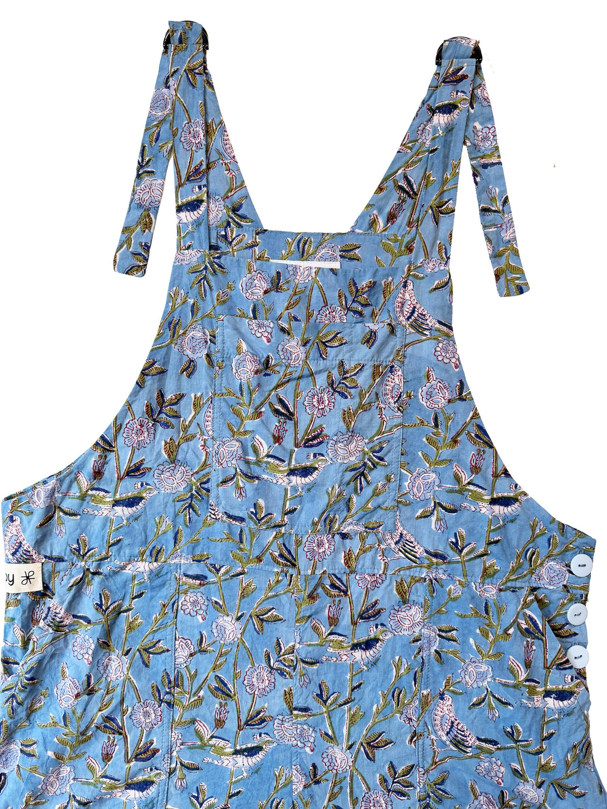 Birdsong Indigo cotton overalls front view