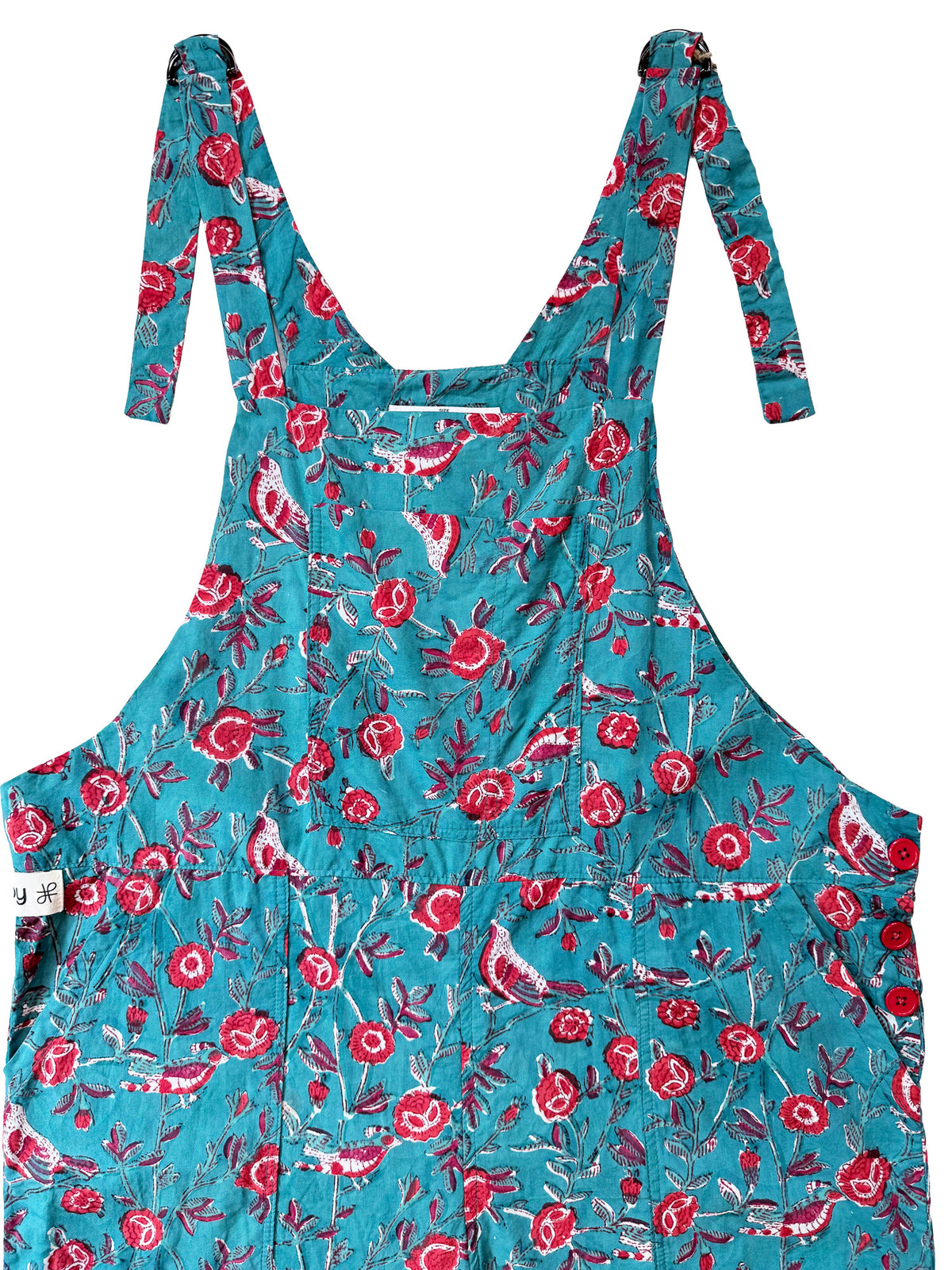 Birdsong Teal cotton overalls front view