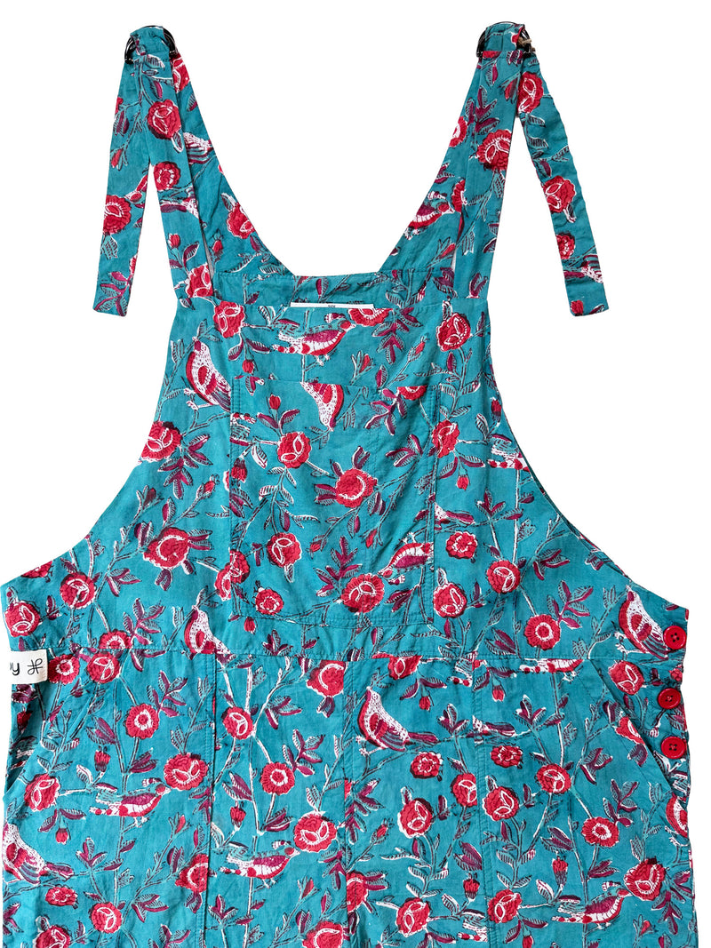 Birdsong Teal cotton overalls front view