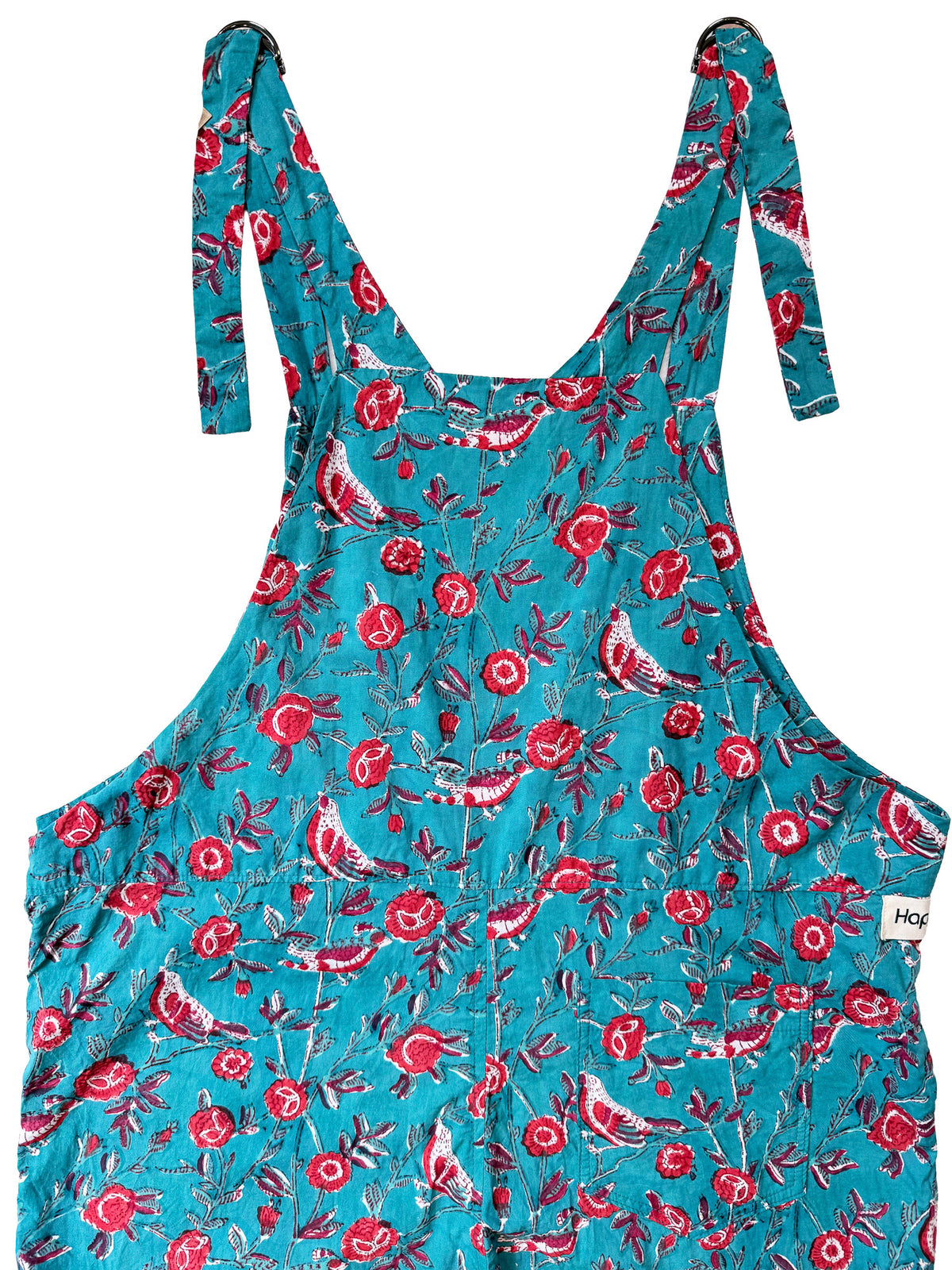 Birdsong Teal cotton overalls fabric print detail