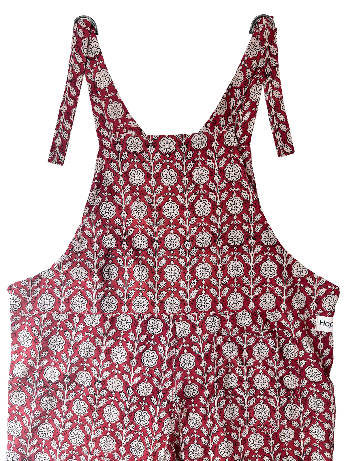 Bagru Patti Red cotton overalls pocket and strap detail