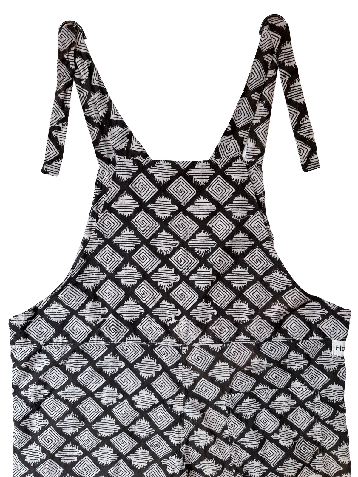 Bagru Black Aztec cotton overalls back view closeup