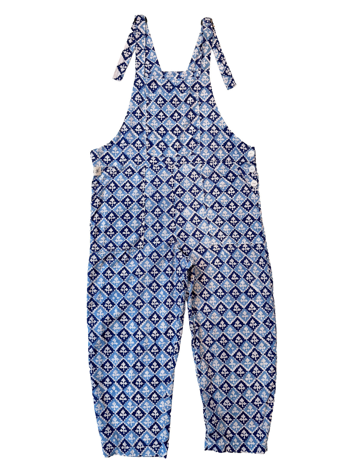 Indigo Check cotton overalls pocket and strap detail