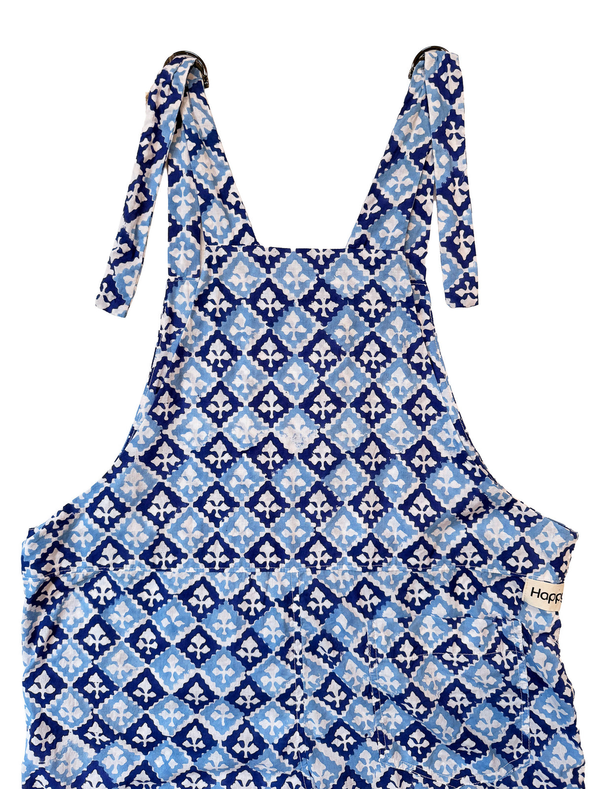 Indigo Check cotton overalls fabric print detail
