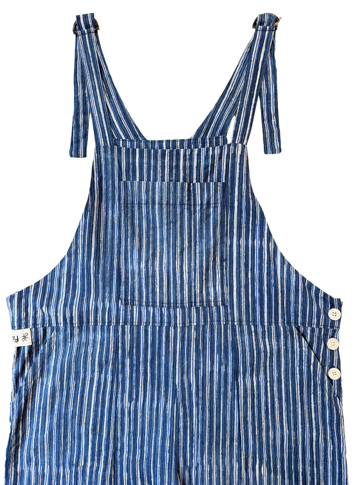 Blue Mountain Stripe cotton overalls front view