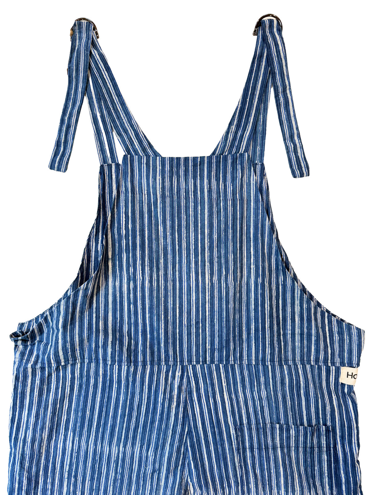 Blue Mountain Stripe cotton overalls fabric print detail