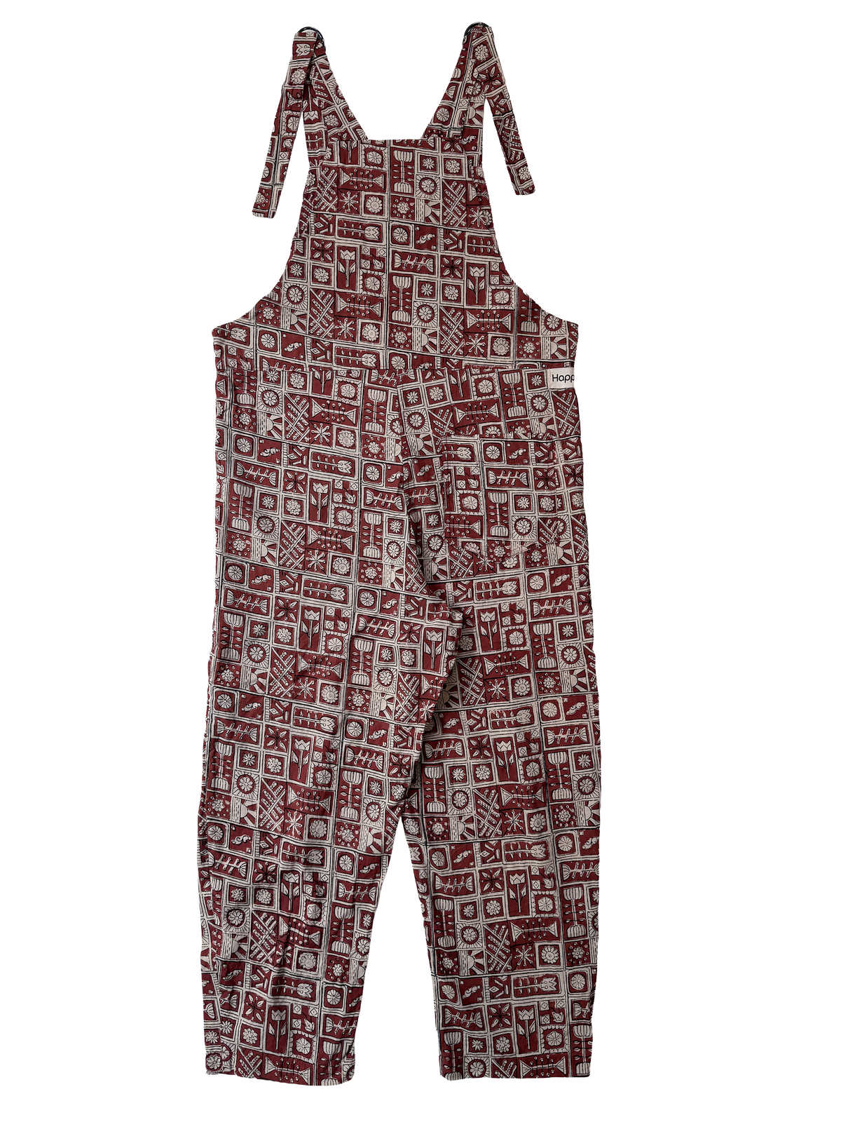 The Relaxed Overall, Cream Whimsy on Red, back view