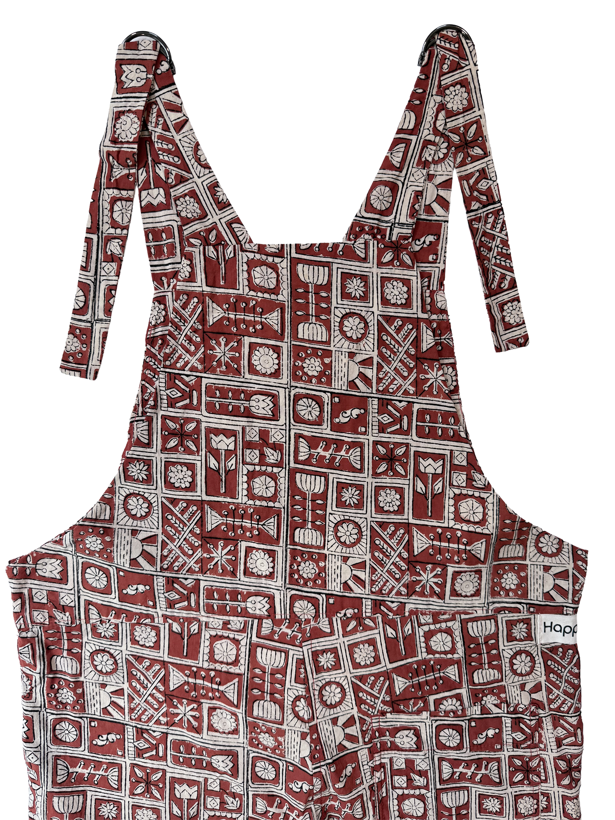The Relaxed Overall, Cream Whimsy on Red, back view closeup