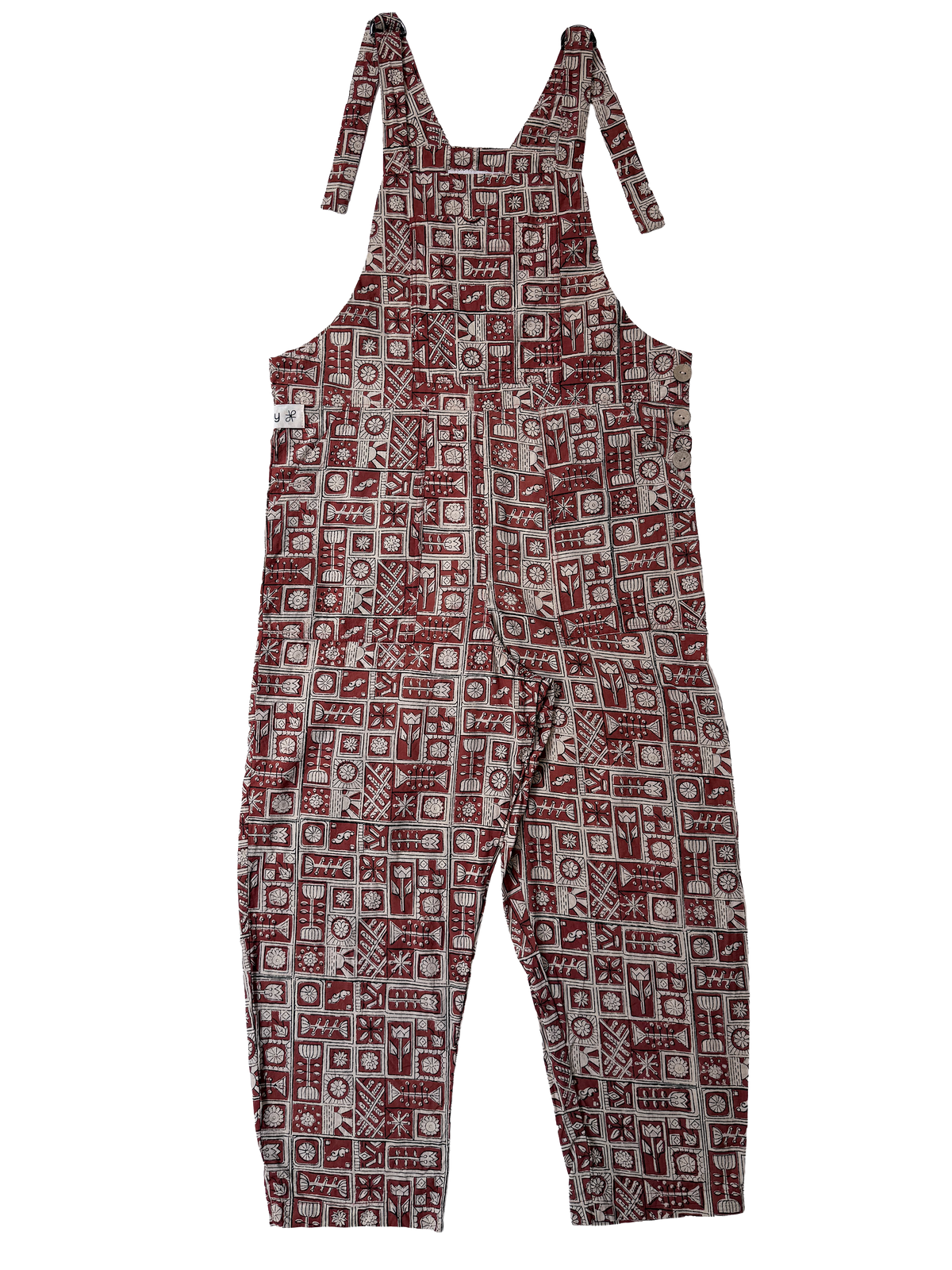 The Relaxed Overall, Cream Whimsy on Red, front view