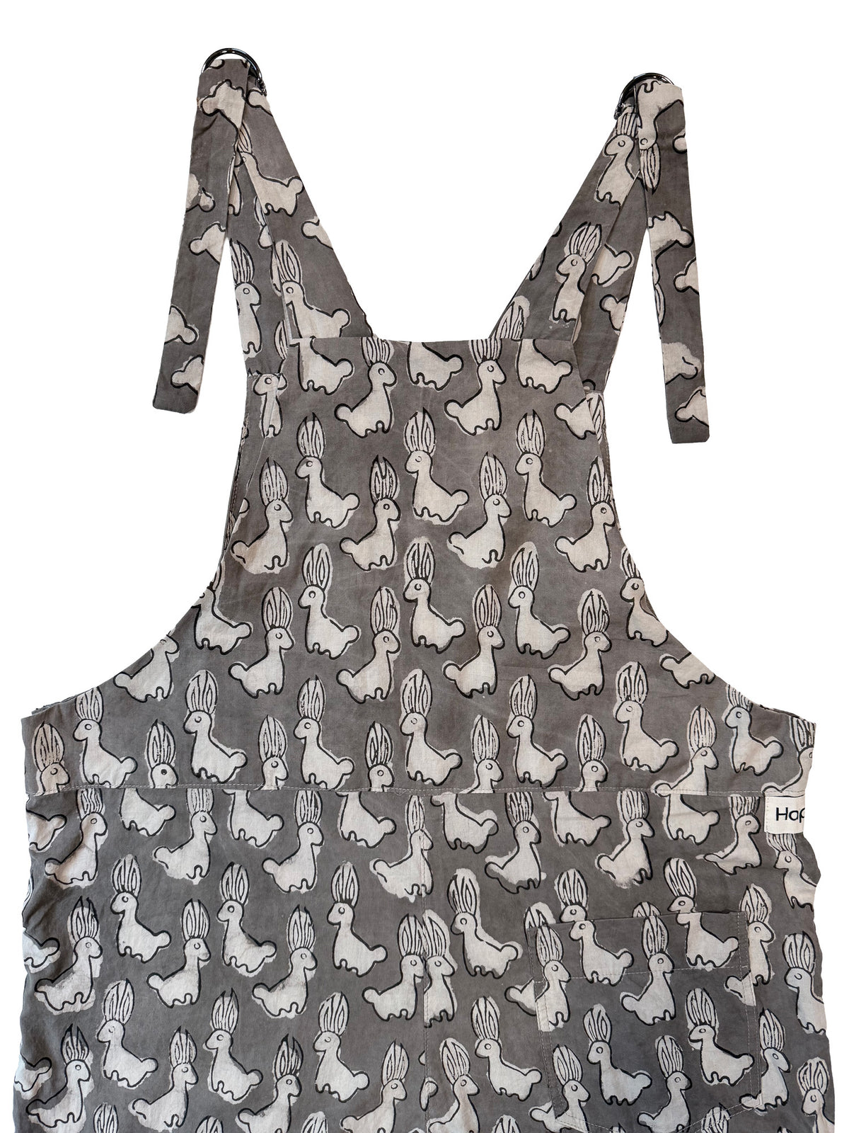 Gray Rabbit Run cotton overalls fabric print detail