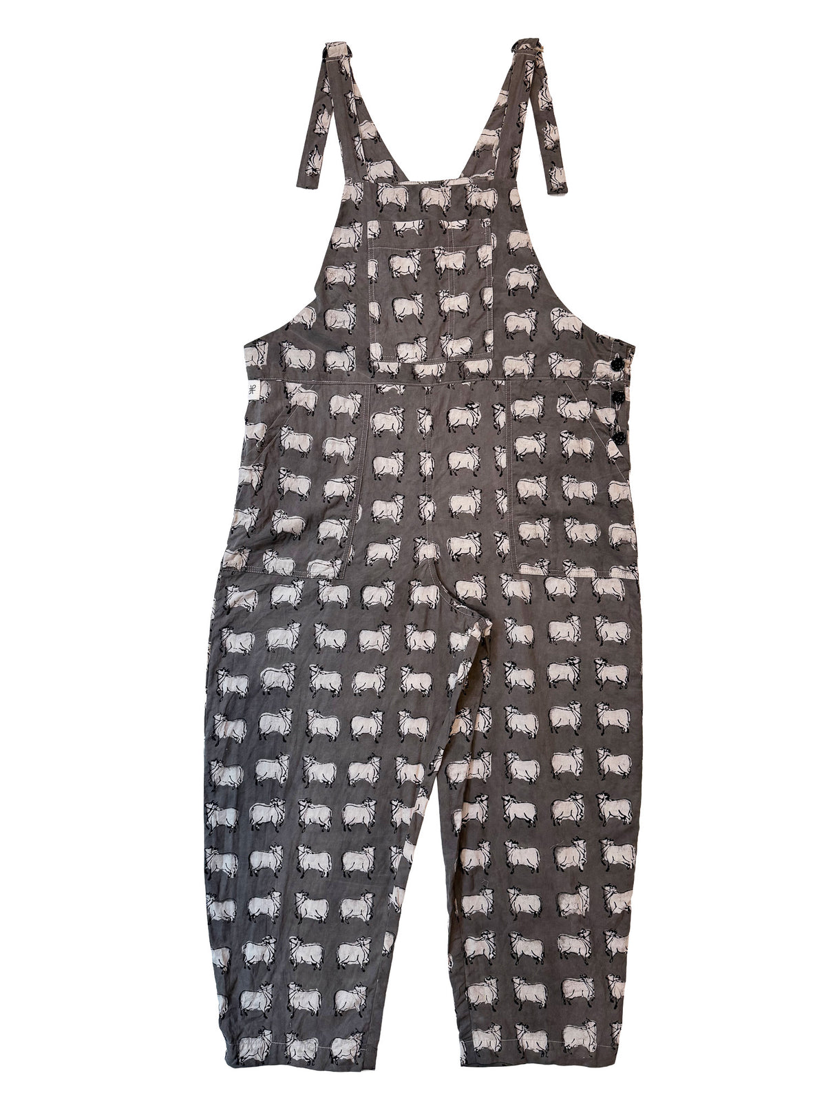 Gray Nandi Bull cotton overalls pocket and strap detail