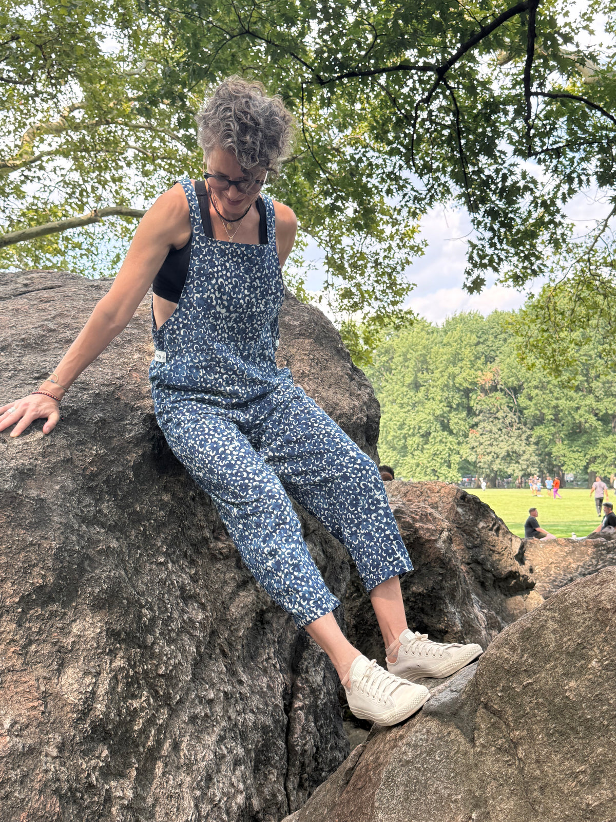 Blue Tiled Bloom cotton overalls side view