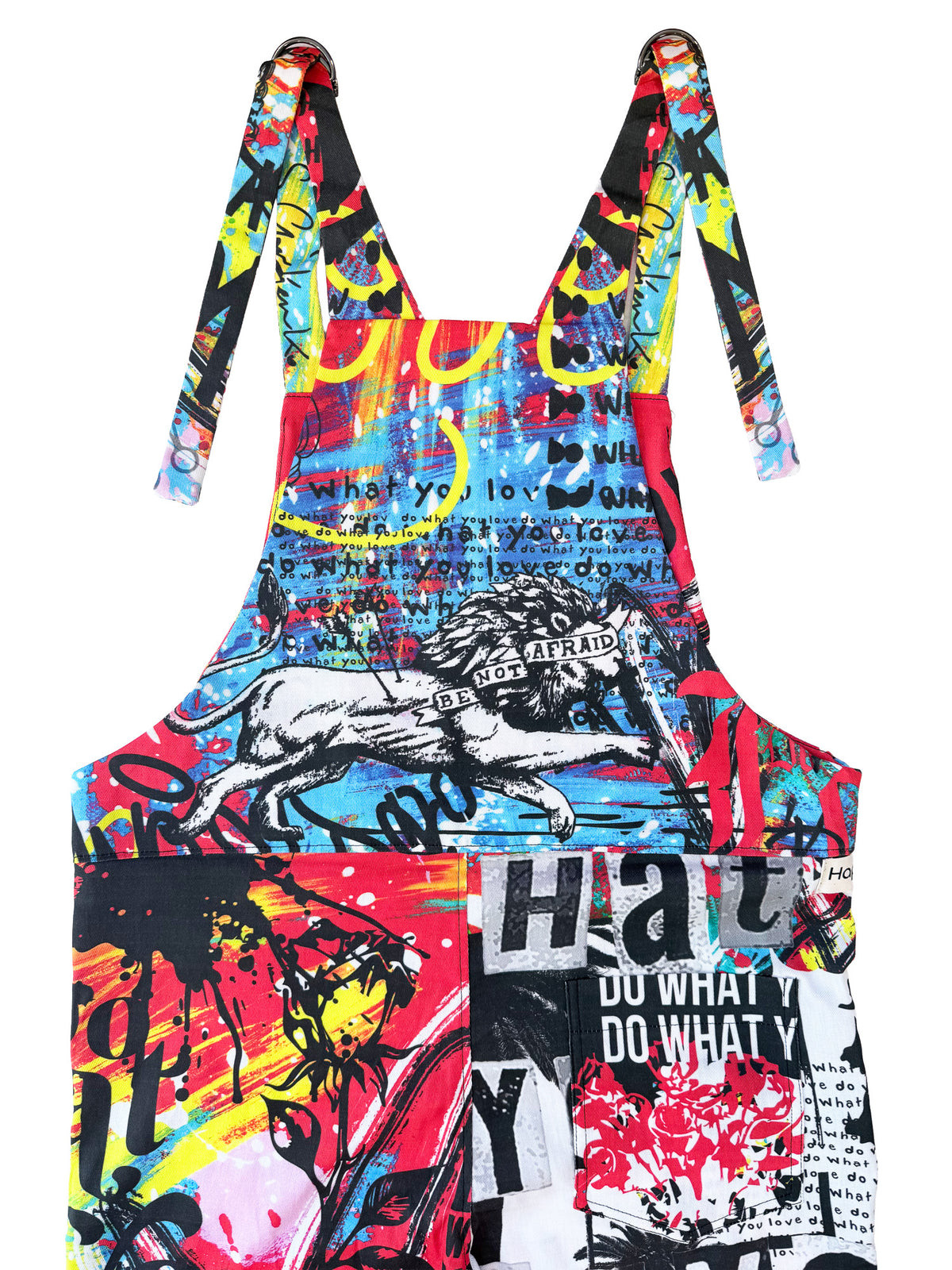 Do What You Love Full of Color cotton overalls fabric print detail