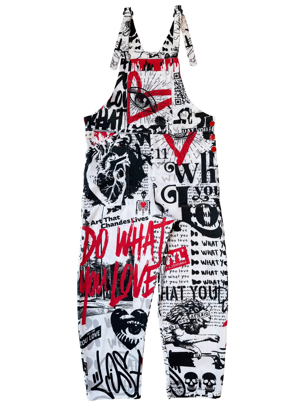 Do What You Love Red, White + Black cotton overalls back view