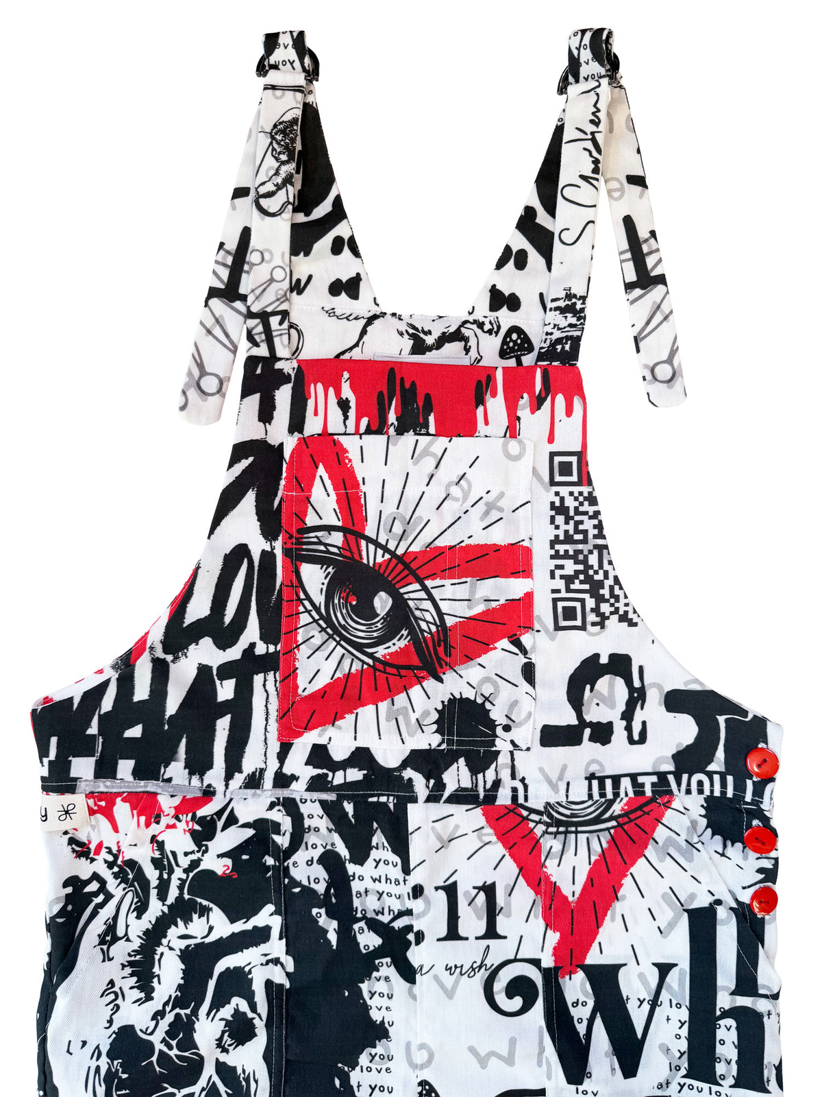 Do What You Love Red, White + Black cotton overalls front view