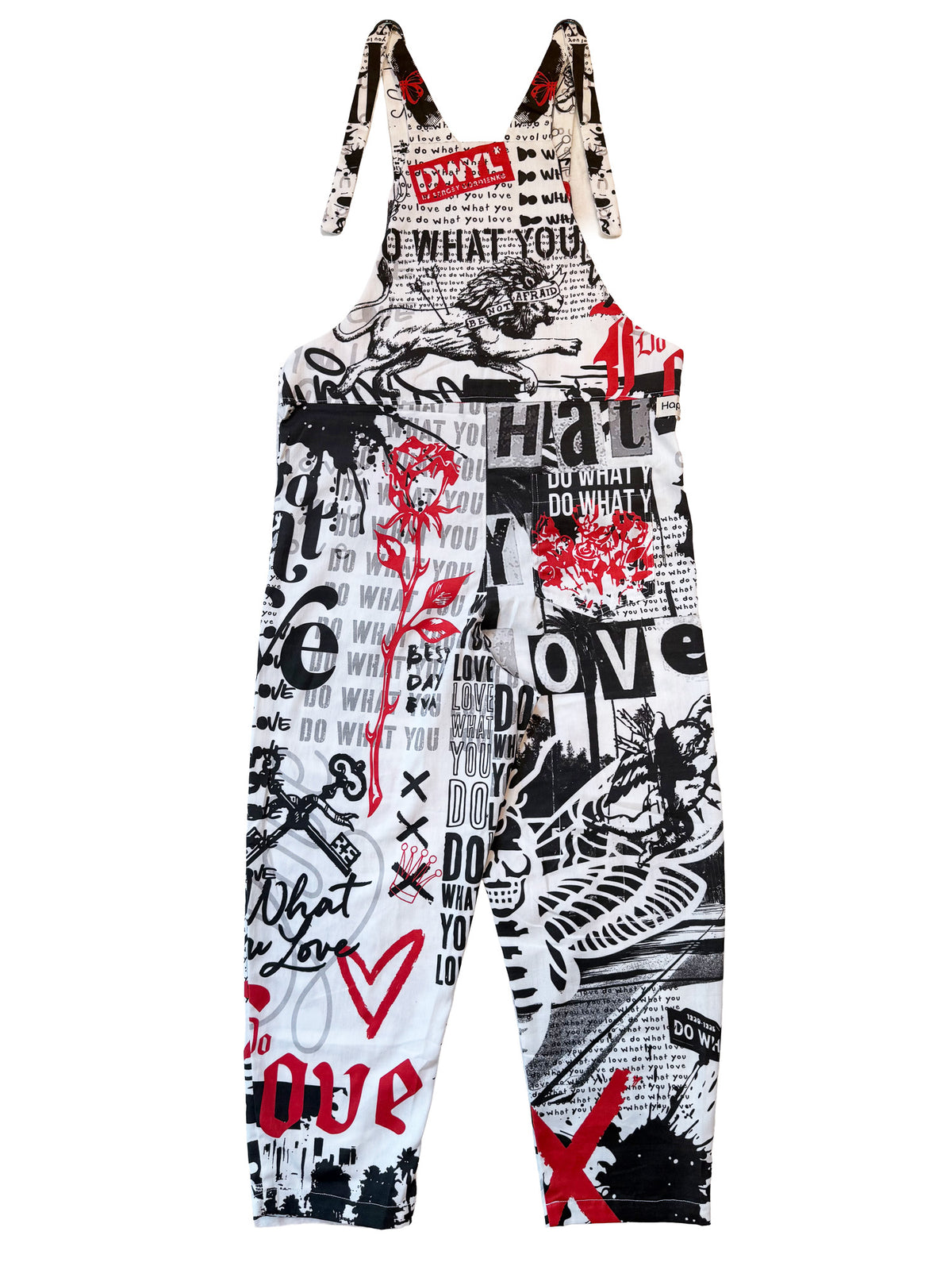 Do What You Love Red, White + Black cotton overalls pocket and strap detail