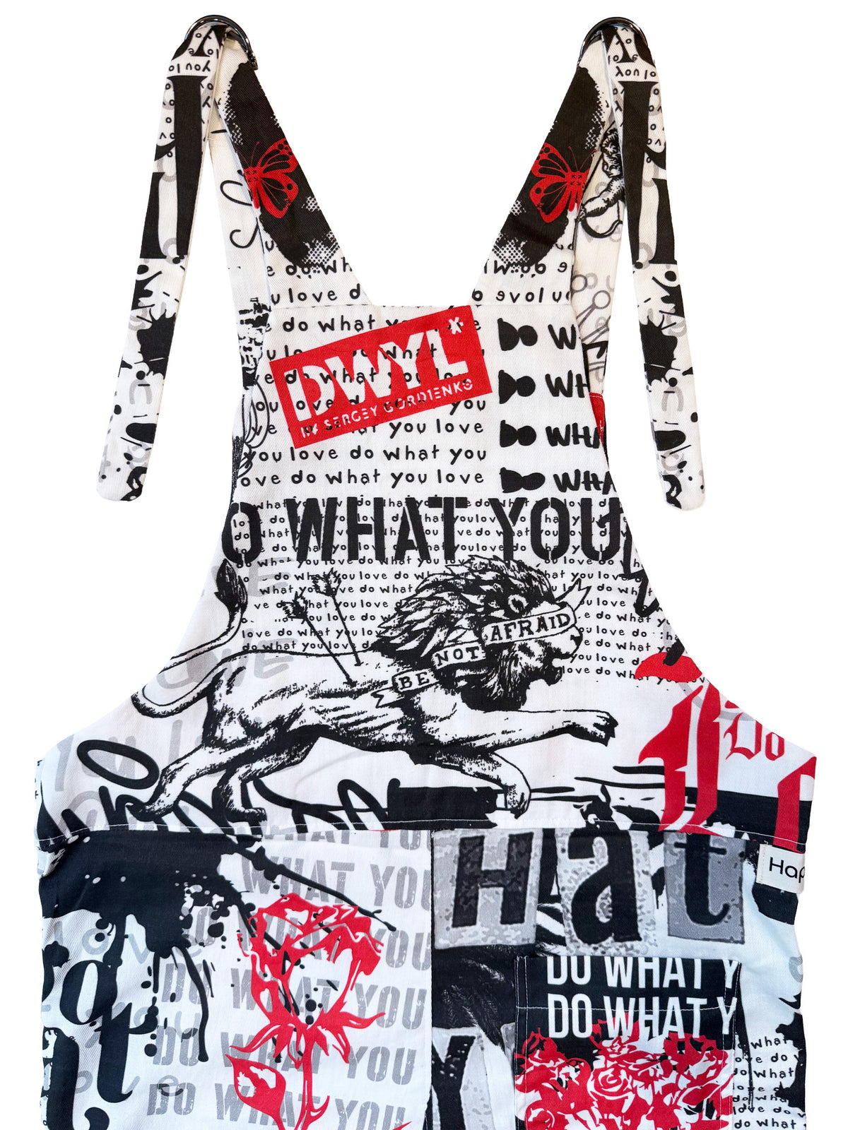 Do What You Love Red, White + Black cotton overalls fabric print detail