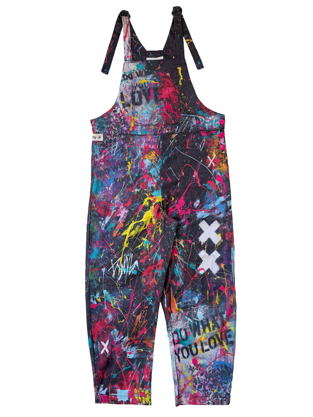 Do What You Love Black Splatter cotton overalls back view