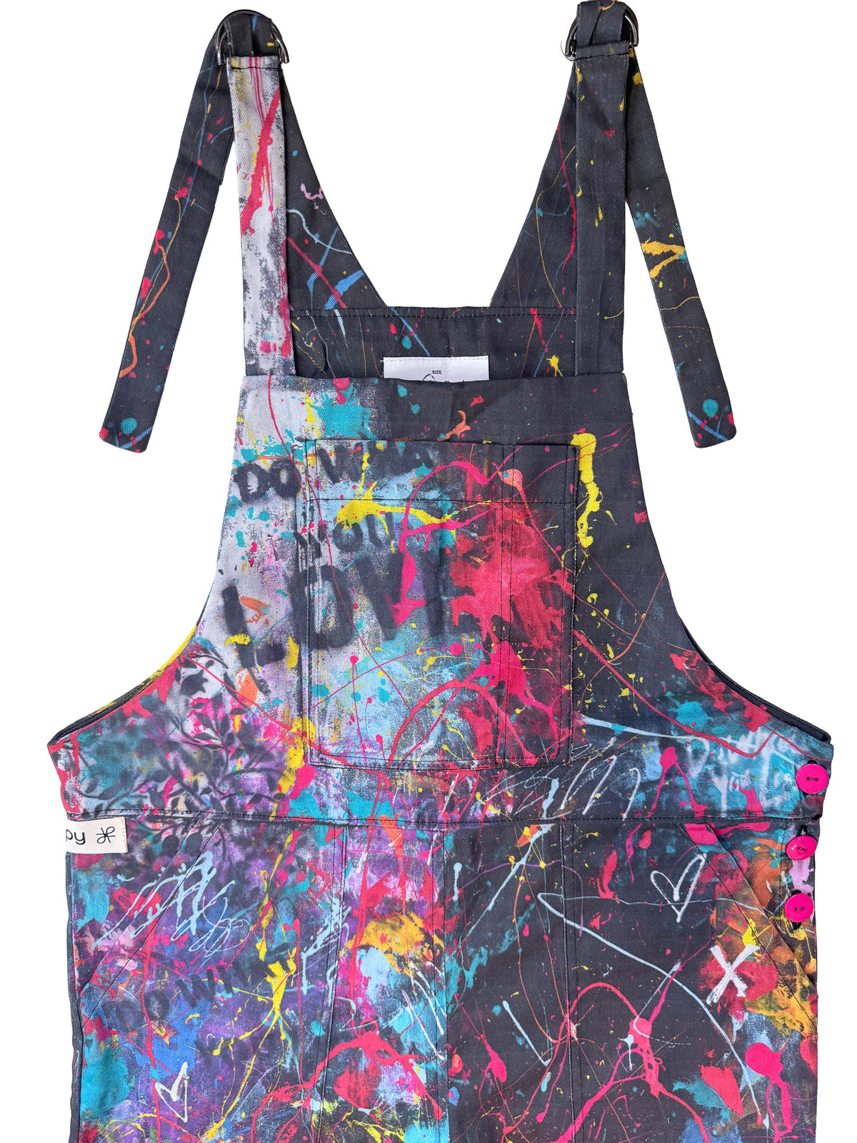 Do What You Love Black Splatter cotton overalls front view