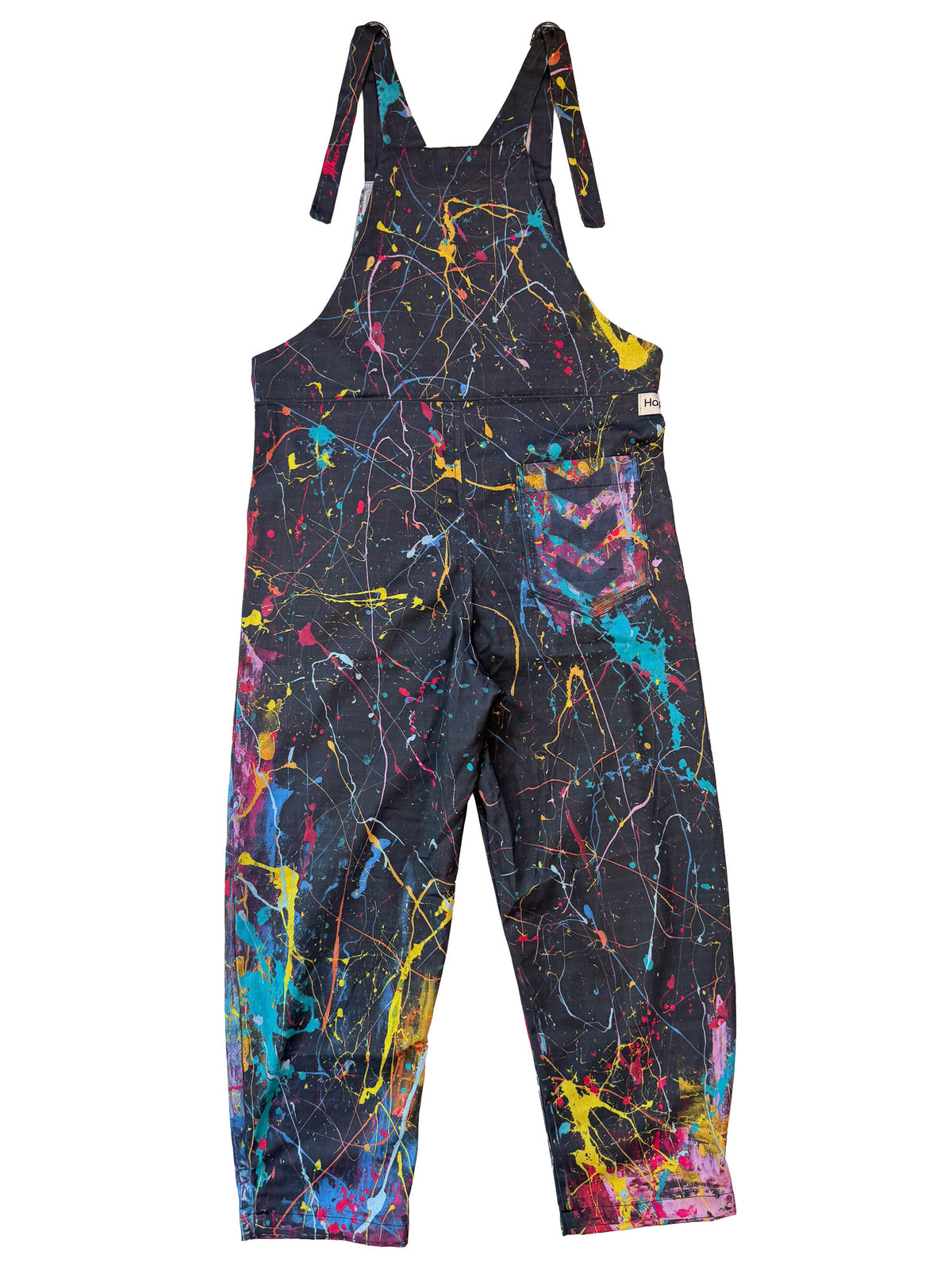 Do What You Love Black Splatter cotton overalls pocket and strap detail