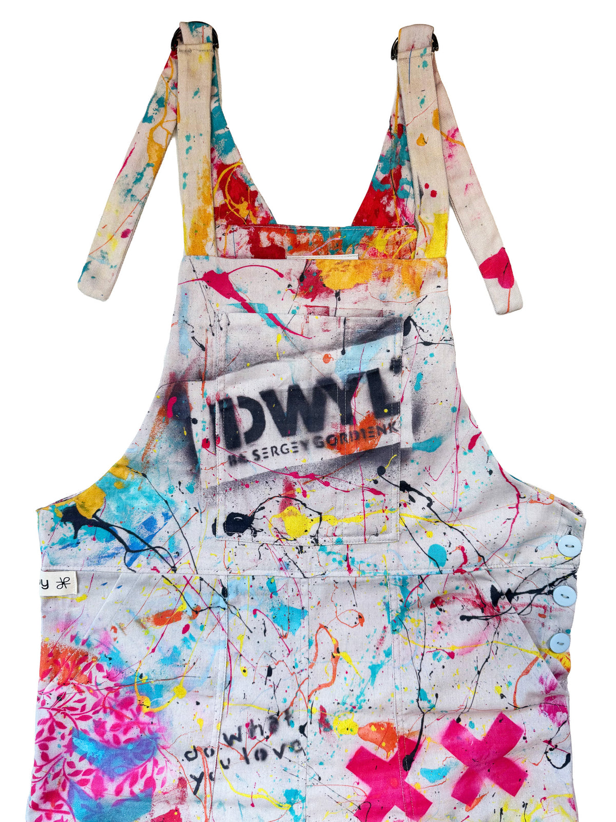 Do What You Love Gray Splatter cotton overalls front view