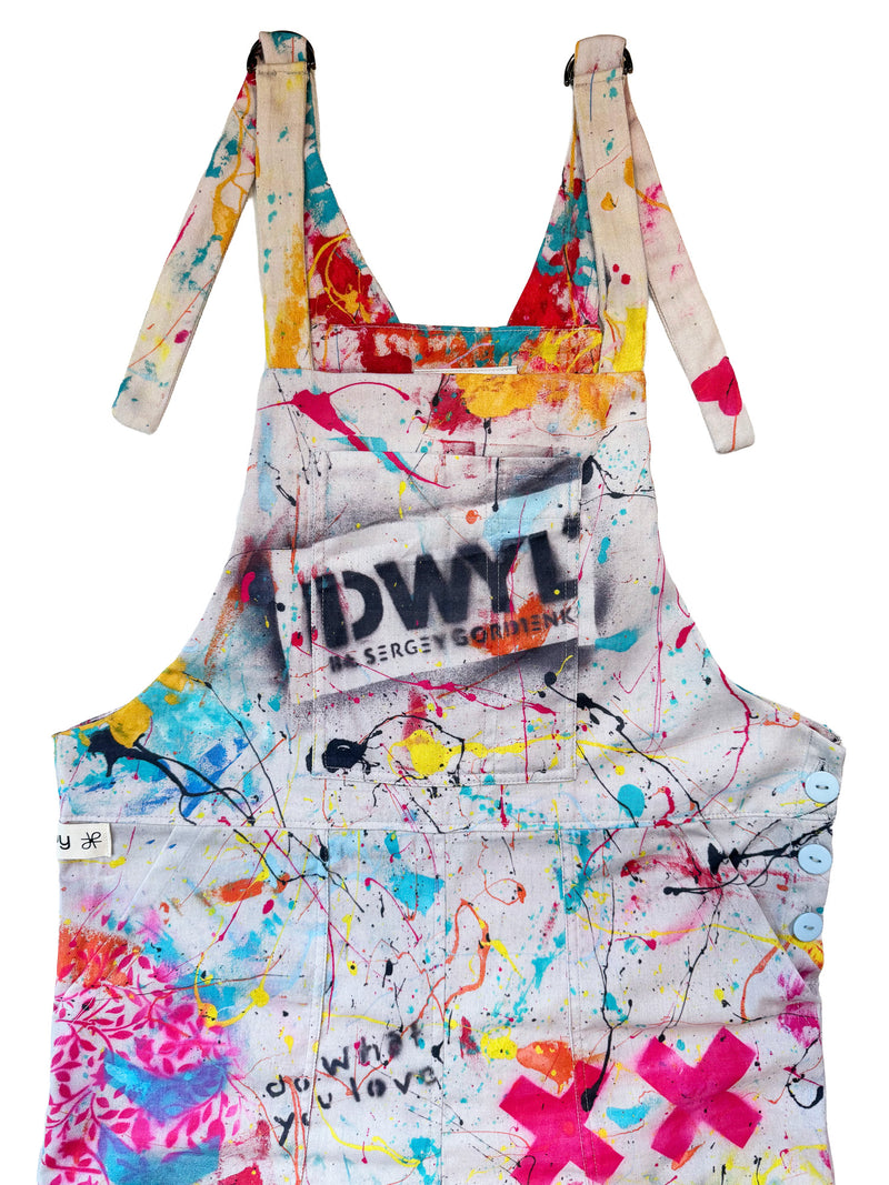 Do What You Love Gray Splatter cotton overalls front view