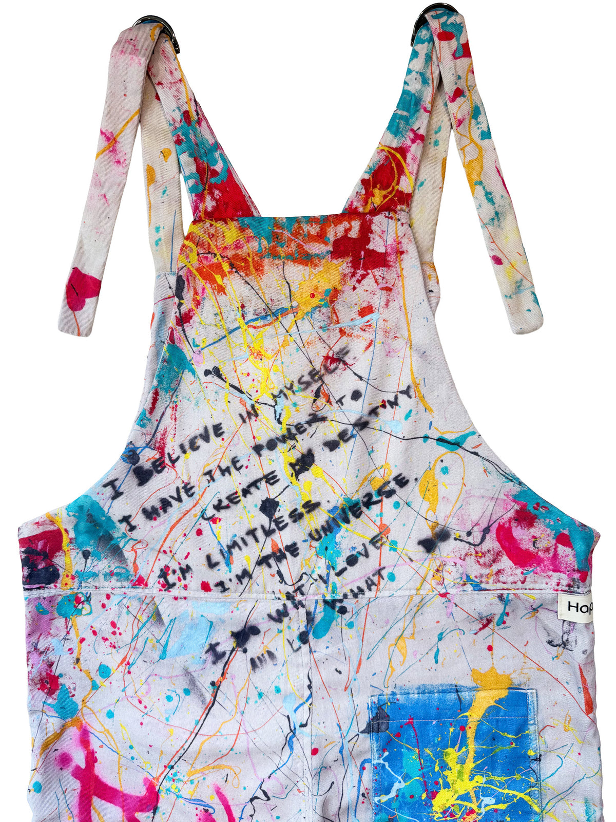 Do What You Love Gray Splatter cotton overalls fabric print detail