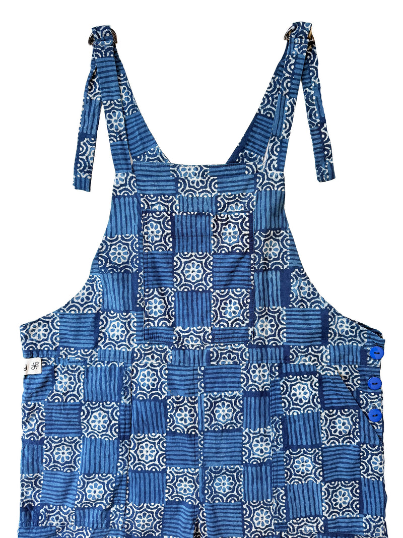 Blue Tiled Bloom cotton overalls front view