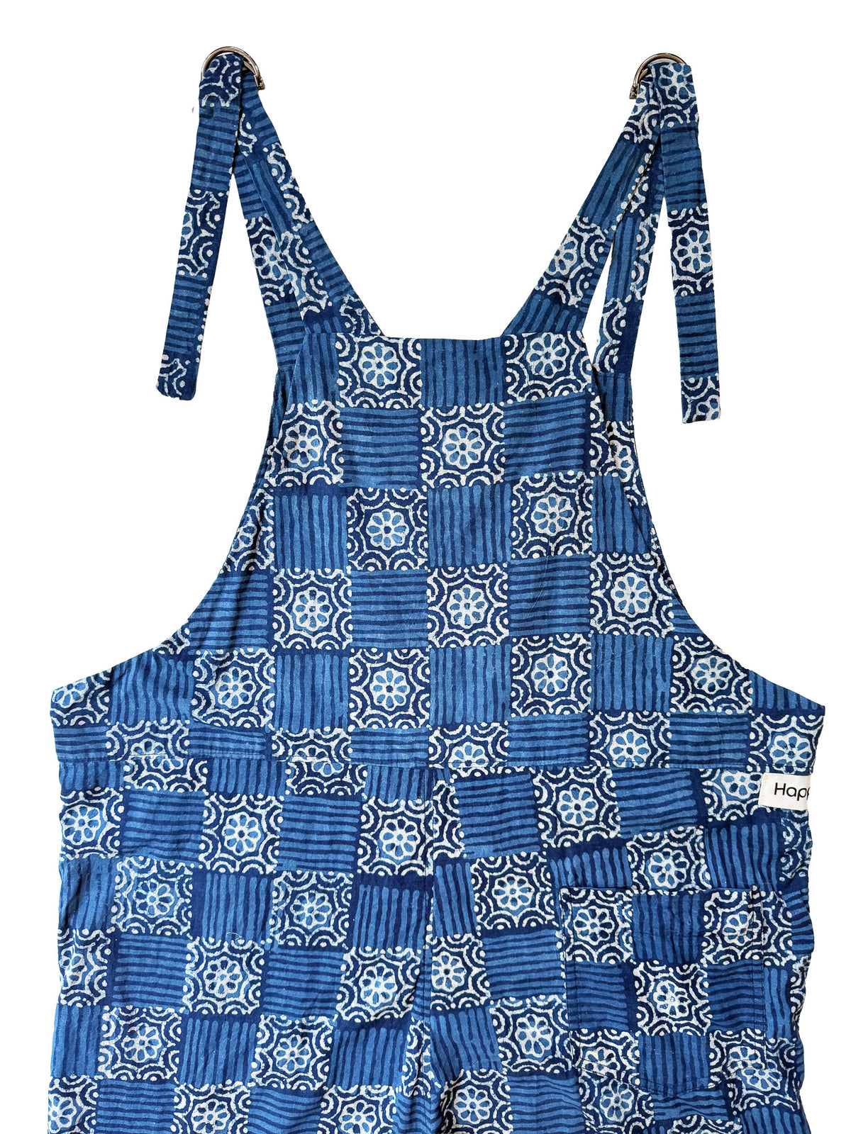 Blue Tiled Bloom cotton overalls fabric print detail