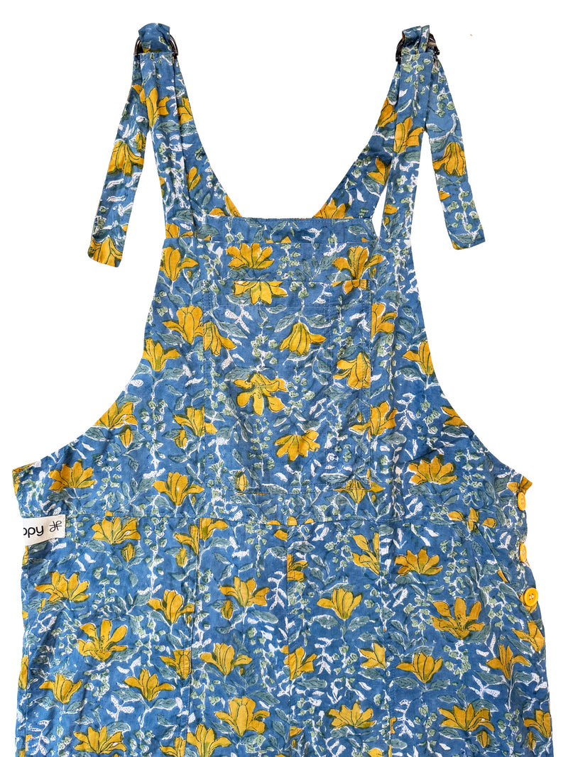 Blue Jaal Flower cotton overalls front view