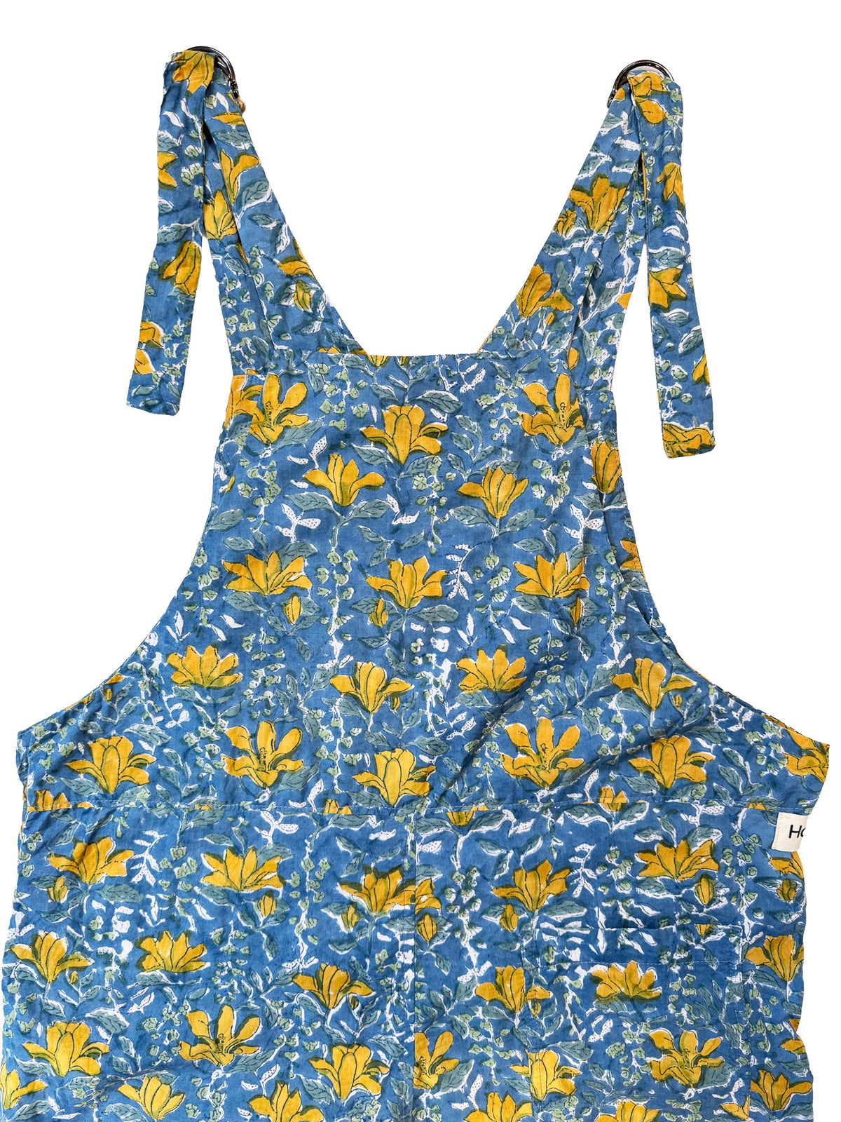 Blue Jaal Flower cotton overalls pocket and strap detail