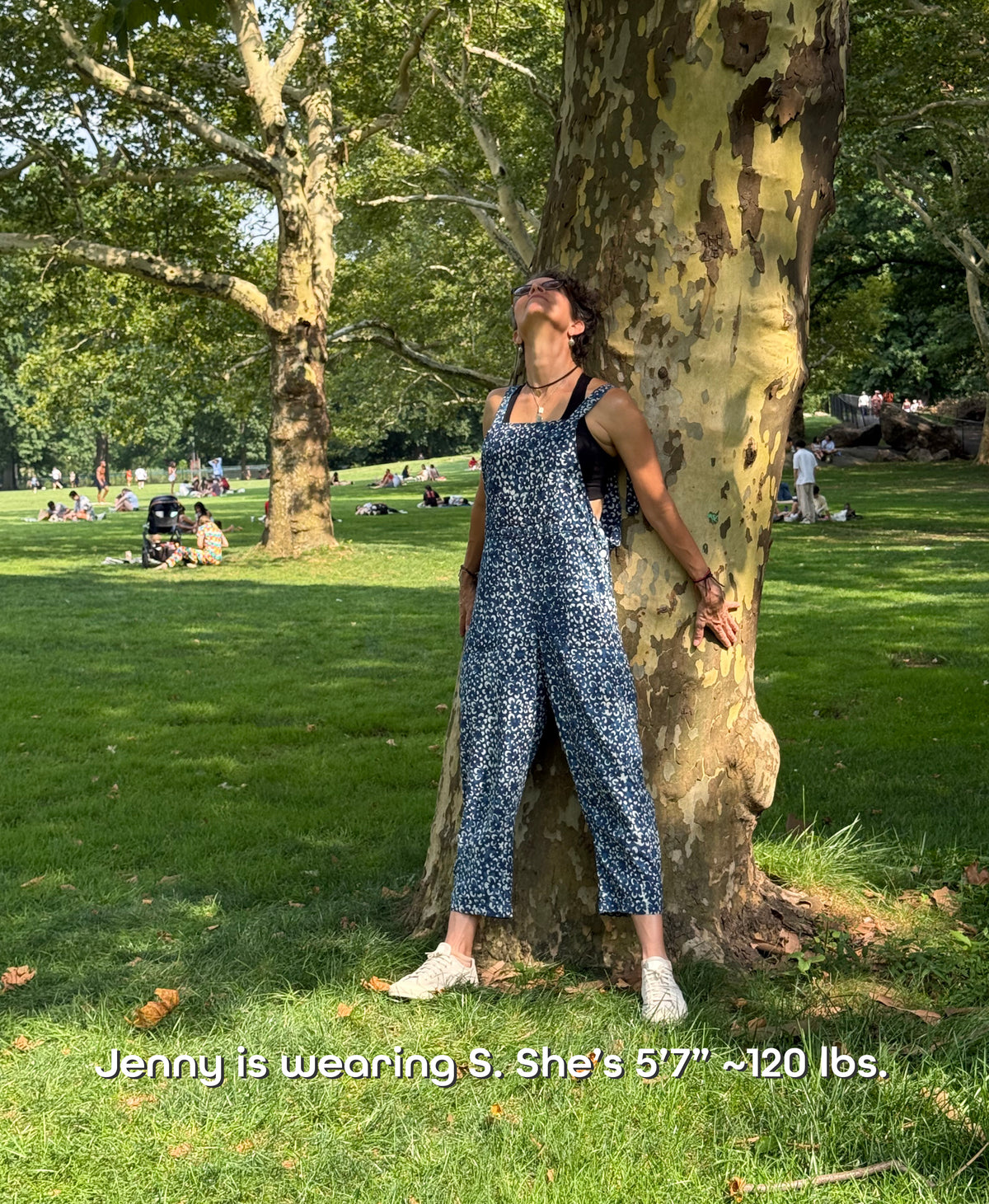 Model Jenny wearing Happy Overall cotton overalls in size small